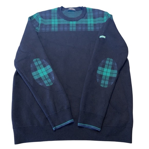 Other - Saint James Sweater New Wool Navy Green Plaid Elbow Patches Men's  Size 48